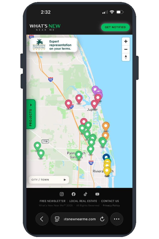 What's New Near Me app showing a map of new real estate projects across Palm Beach County